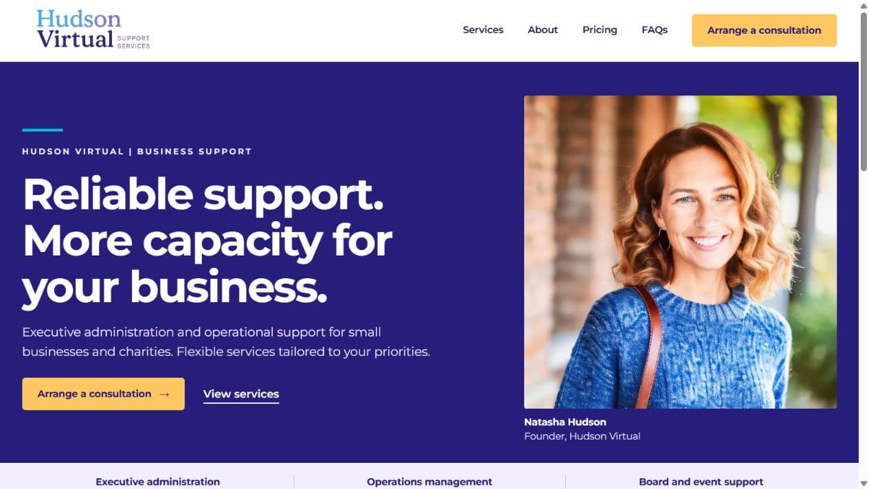 Homepage screenshot of Hudson Virtual Business Services